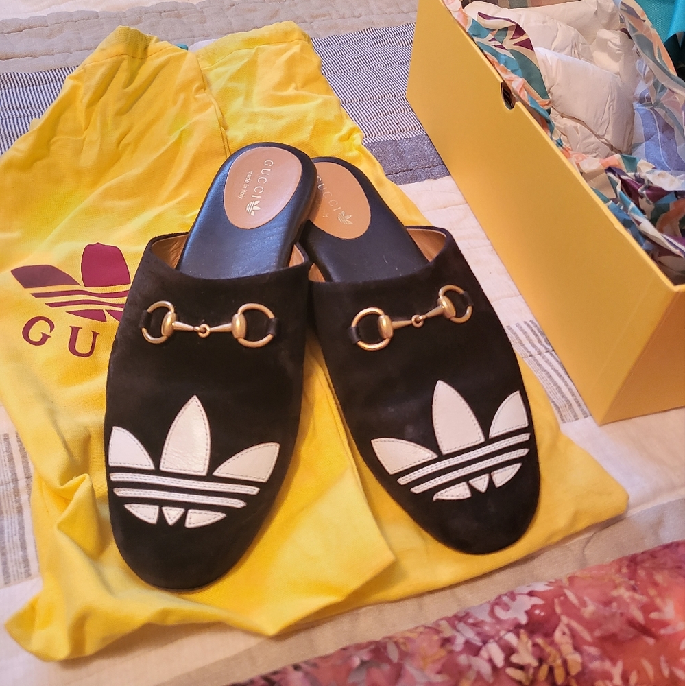 RARE Gucci X Adidas Trefoil Horsebit Flat Mules
